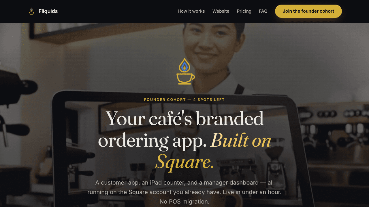 Fliquids marketing site — branded ordering for cafés on Square